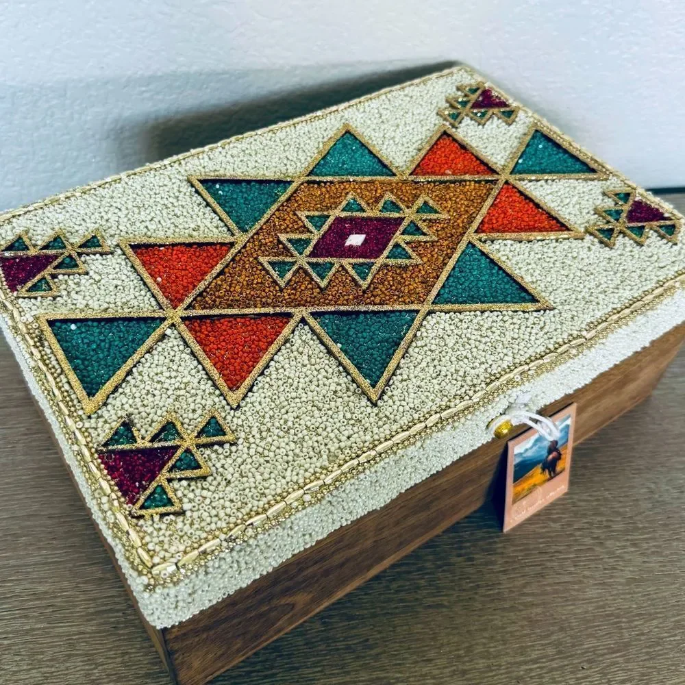 Southwest Western Aztec Tribal Beaded Teal Orange Gold Decor Storage Box